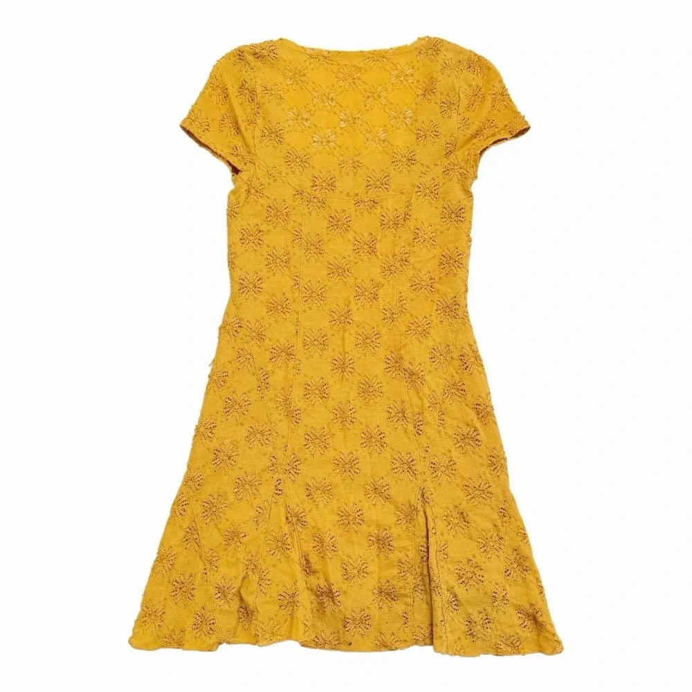 Free People Anthro Mustard Yellow Eyelet Dress Small Square Neck Cap Sleeve Boho